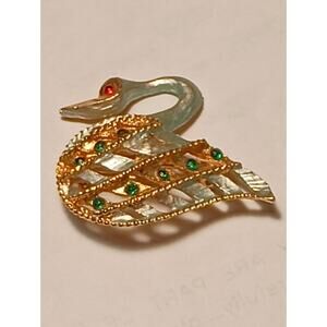 Vintage Silver Swan Brooch with Green Rhinestones and Gold Tone Rope